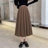 Women's Black Pleated A-Line Skirt - Mid-Length, High Waist, Elastic Fit, Autumn/Winter