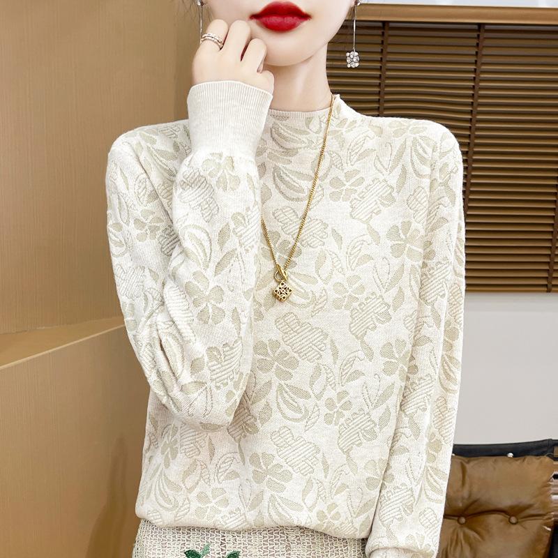 Women's Fashion Casual Fall Winter Flower Pattern Print Long Sleeve Half Turtleneck Sweaters