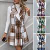 Осенне-весенний женский жилет, пальто с клетчатым принтом, отложным воротником, без рукавов, двубортный теплый жилет средней длины в стиле ретро, повседневная куртка
