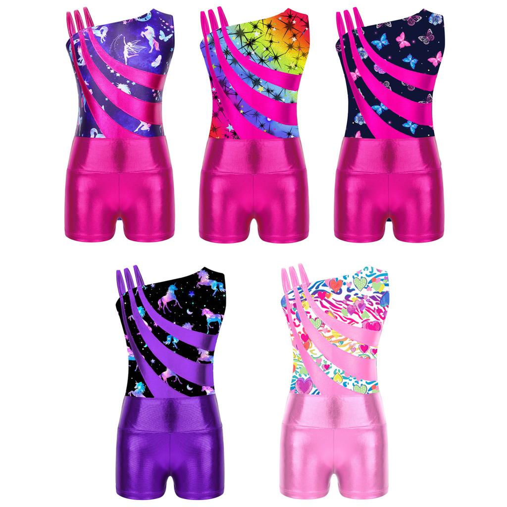 Детские гимнастические купальники без рукавов с асимметричными бретелями и шортами для девочек, спортивные танцевальные велосипедки