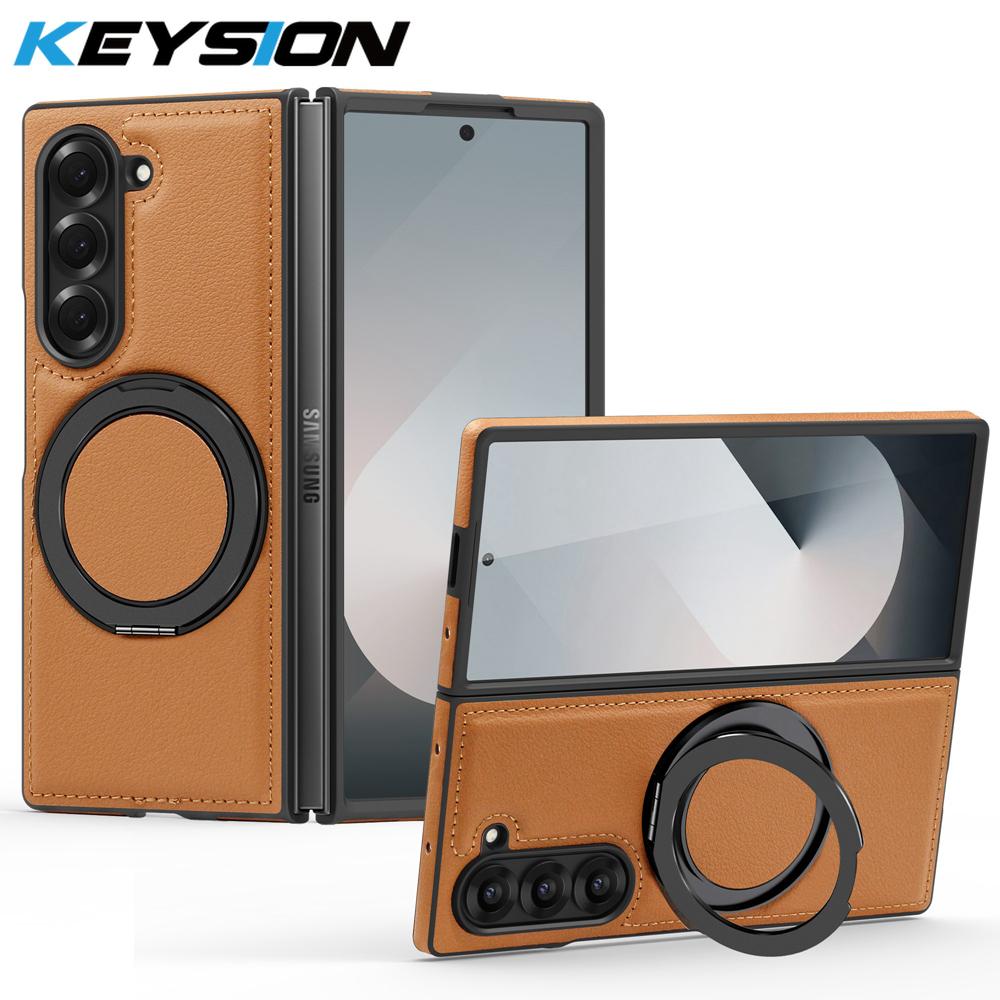 KEYSION Чехол из искусственной кожи MagSafe для Samsung Z Fold 6 5 4 3 5G с вращающимся на 360° магнитным кольцом-подставкой и функцией беспроводной зарядки