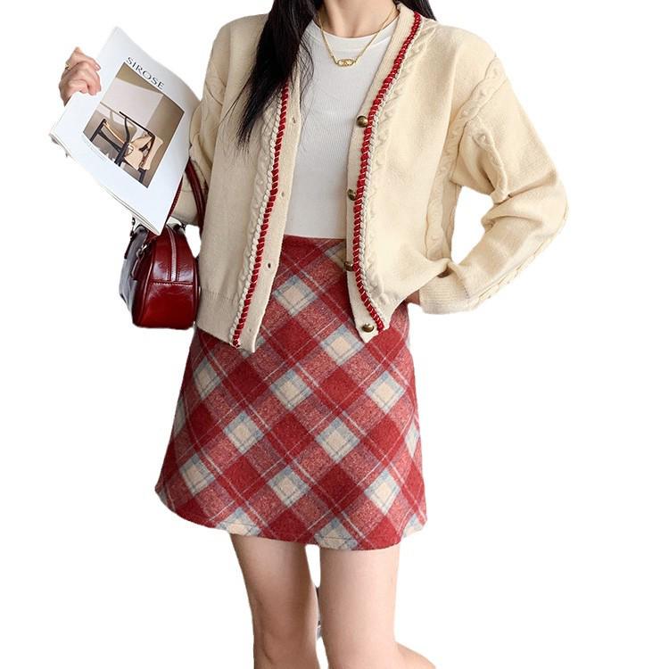 2024 High-Waist Plaid Woolen A-Line Skirt: Autumn/Winter College Style