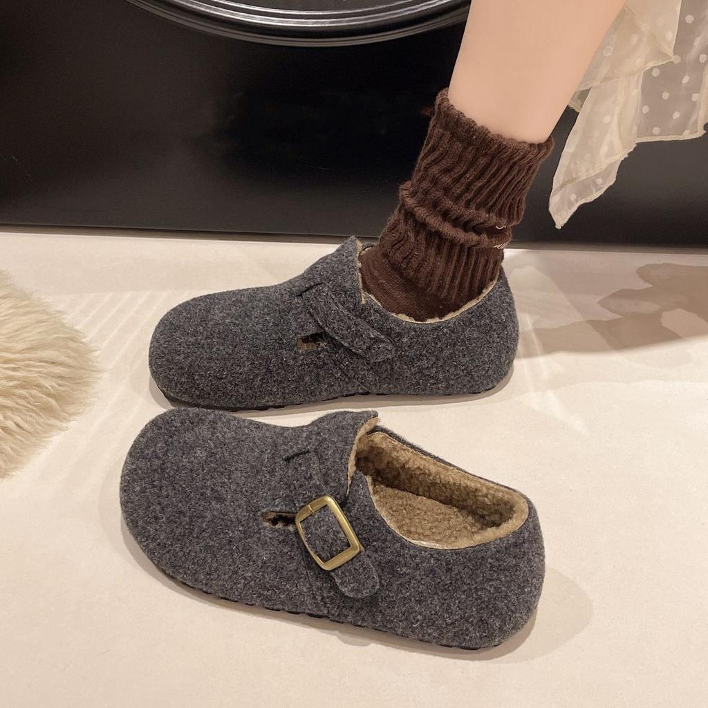Women's velvet cotton scoop loafers round head thin warm season Birkenstocks woolen felt shoes one pedal