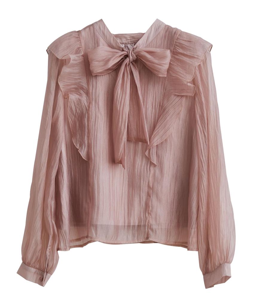 Bis Sheer Ribbon Long Sleeve Pink Women's Blouse, (63)