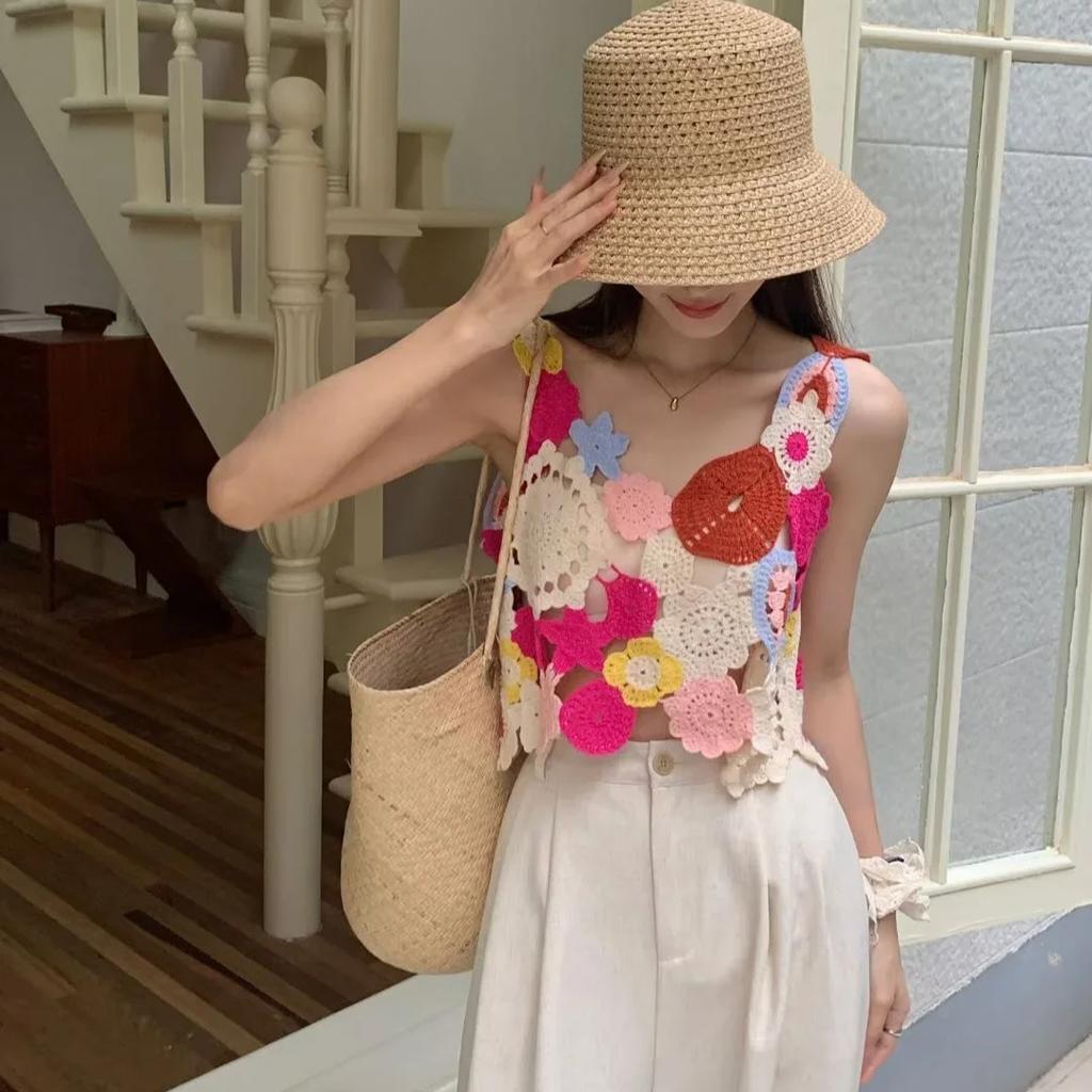 Вышитый цветочный вязаный крючком топ-майка многоцветный ажурный трикотажный укороченный топ-майка женский летний новый наряд Fairycore Cottagecore