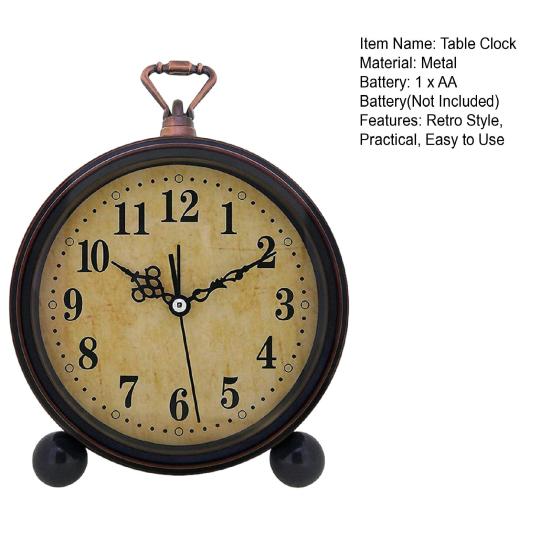 Retro Table Clock Quartz Movement Easy-to-Read Battery Operated Silent Metal Alarm Clock Desk