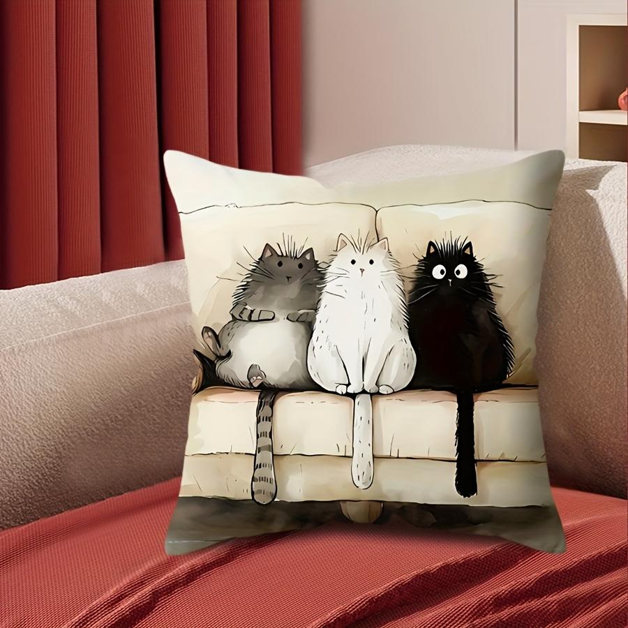 Cute Three Fluffy Cats Pillow Cover Cartoon Print Cushion Case Cat Lover Cozy Home Decor Gift