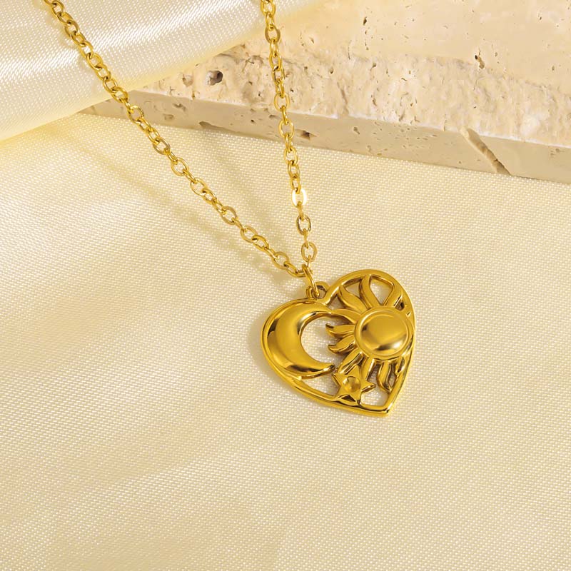 Stainless Steel Hollow Heart Pendant Necklace for Women Fashion Gold Color Sun Moon Clavicle Chain Necklace Party Jewelry Gifts