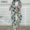 INDFS Женская мода Повседневная Весна Осень Цветочный узор Принт Длинный рукав Поло Воротник Блузки и рубашки Брюки Костюмы