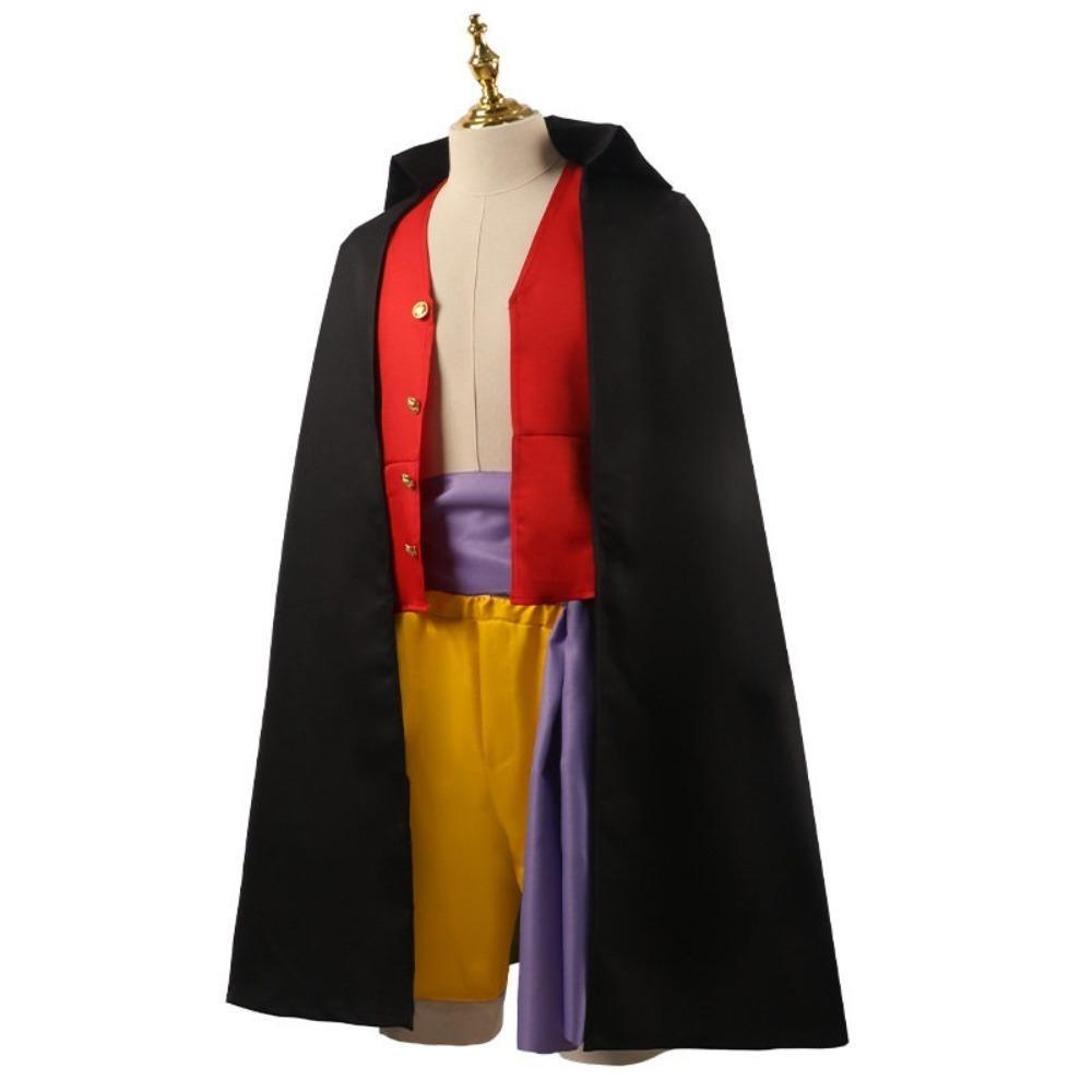 One Piece Onigashima Monkey D Luffy Cosplay Costume, Black Cape Red Vest Yellow Pants with Straw Hat, Anime Halloween Role‑Play Outfit for Adults Kids