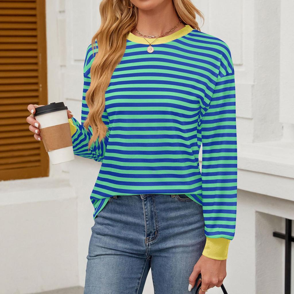Женская нижняя рубашка осень-зима новая мода контрастного цвета свободный круглый вырез полосатый топ с длинными рукавами