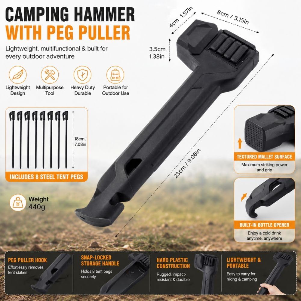 Multifunctional Camping Hammer with Peg Puller 8 Tent Stakes Built-in Storage Handle & Bottle Opener Heavy Duty Lightweight Mallet for Hiking Tarp