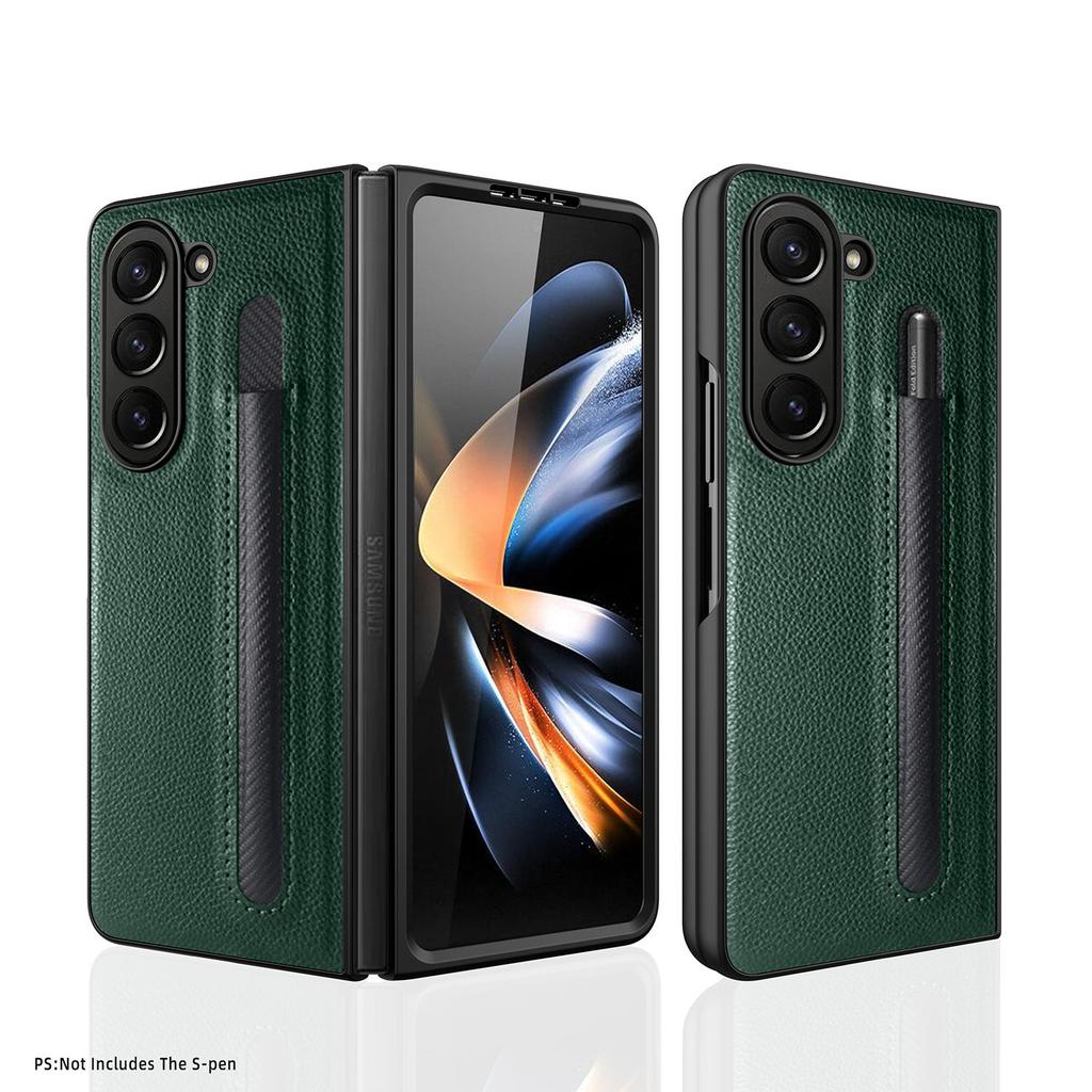 Для Samsung Galaxy Z Fold 5 Чехол из кожи личи Бизнес с слотом для S-Pen и встроенным закаленным стеклом Защитная крышка-раскладушка