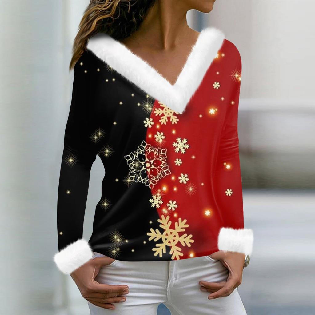 Женская мода с длинным рукавом и рождественским принтом для вечеринки, плюшевый топ с v-образным вырезом