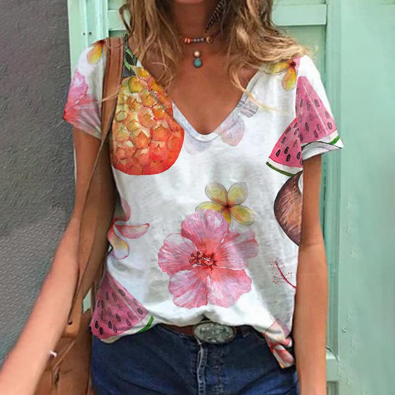 Лето 2023, футболка с 3D растительным принтом и фруктами, женская футболка с v-образным вырезом, топ Kawaii, уличный женский свободный модный универсальный топ в стиле Харадзюку, 2023 г.