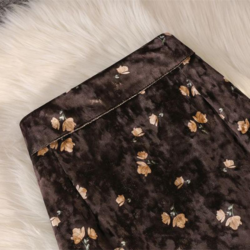 Юбка средней длины. Осенне-зимняя женская юбка. Женская длинная юбка из золотого бархата в стиле ретро с принтом.