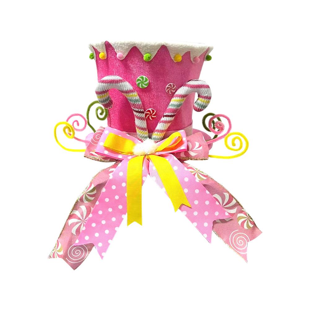 Red Christmas Tree Topper Hat With Bow Ribbon Cane Sugar Decoration Winter Holiday Tree Decor