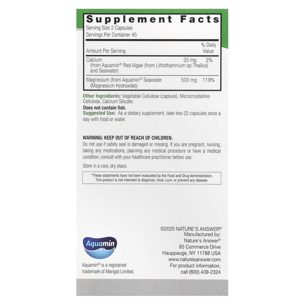 Nature'S Answer, Marine Magnesium, 500Mg, 90 Veggie Caps (250Mg per Capsule)