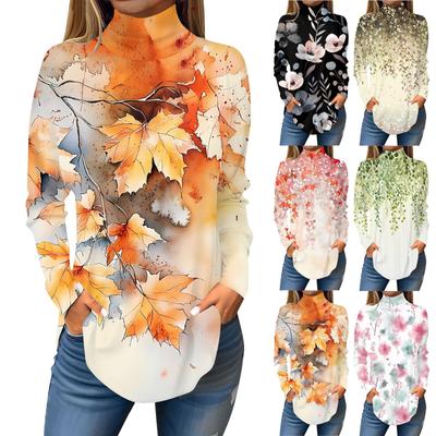 Женская модная повседневная футболка с длинным рукавом с высоким воротом и принтом, пуловер, топ