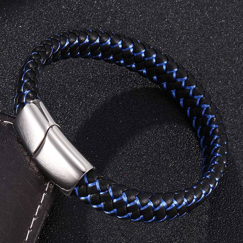 Панк-мужские ювелирные изделия, черный, синий, красный, плетеный кожаный браслет с застежкой из нержавеющей стали, мужской браслет на запястье, подарки