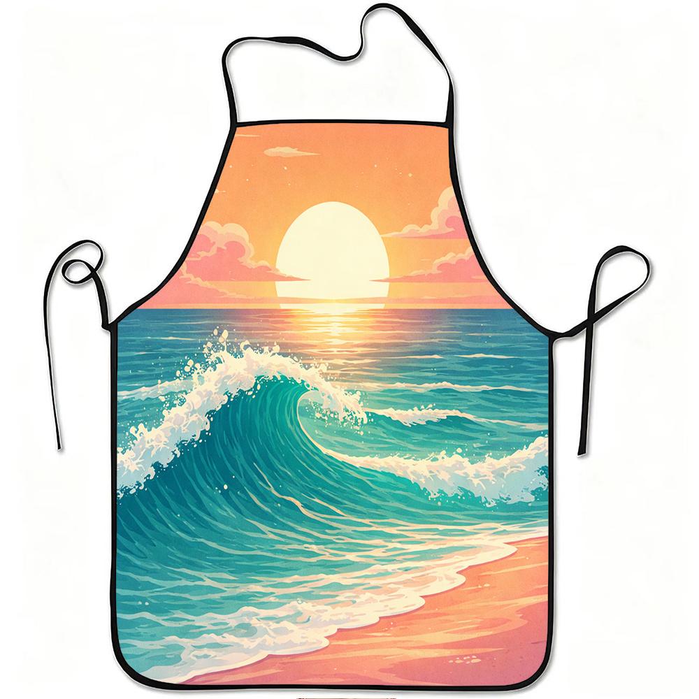 1pc Ocean Sunset Wave Print Apron, Durable And Easy to Clean, Adjustable Waistband, Polyester Material, for Kitchen Cooking, Gardening, Orchard Pickin