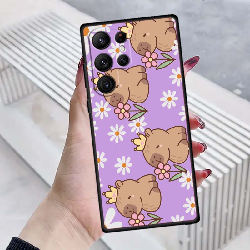 Мультяшный Аниме Капибара Арт Чехол для Телефона Для Samsung Galaxy S26 S25 S24 S23 S22 S21 S20 Ultra Plus FE 5G Черный Мягкий ТПУ