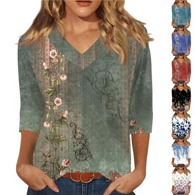 Женская модная повседневная свободная футболка с v-образным вырезом и рукавами 3/4 с принтом, женский топ