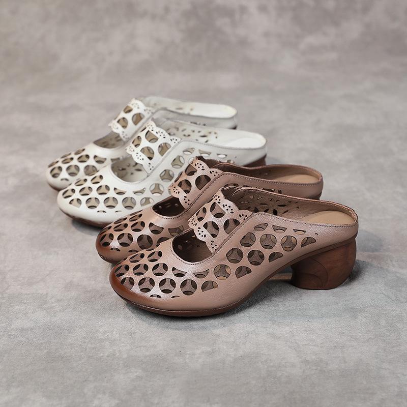 Женские шлепанцы Baotou из натуральной кожи на среднем каблуке в этническом стиле - Летние 2025 с полыми сандалиями на мягкой подошве