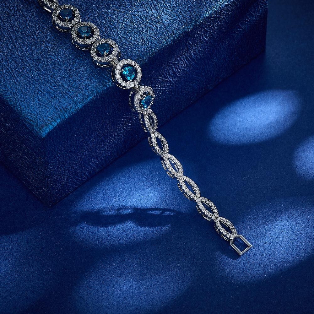 Hollow Blue Heart Zircon White Round Cubic Zirconia Rhodium Plated Women Hand Bracelets