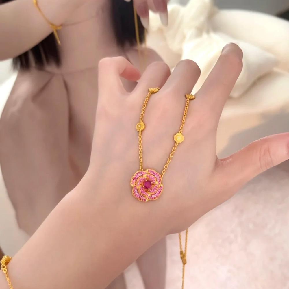 Luxury New Chinese Style Necklace 24K Gold Plated Red Peony Pendant with Red Corundum for Women