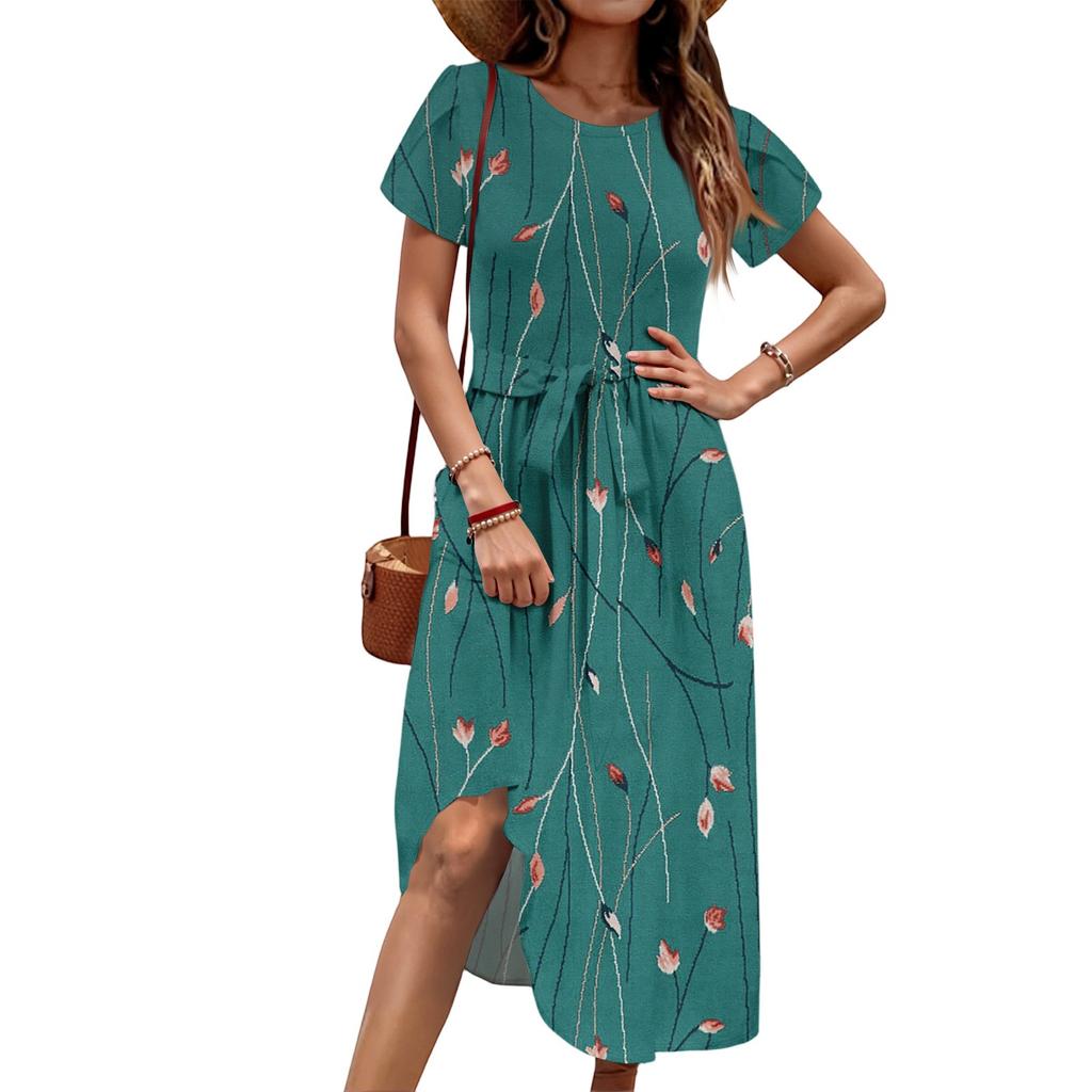 Women's Casual Cute Pattern Print Round Neck Midi Dress Basic Classic Outdoor Everyday Short Sleeve Loose Dress