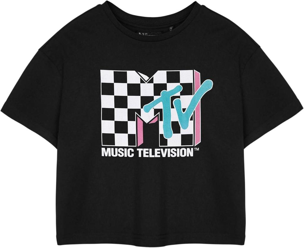 Женская укороченная черная футболка с логотипом MTV в клетку _ Женская футболка с коротким рукавом и принтом _ Топ в ретро-стиле с логотипом музыкального телевидения