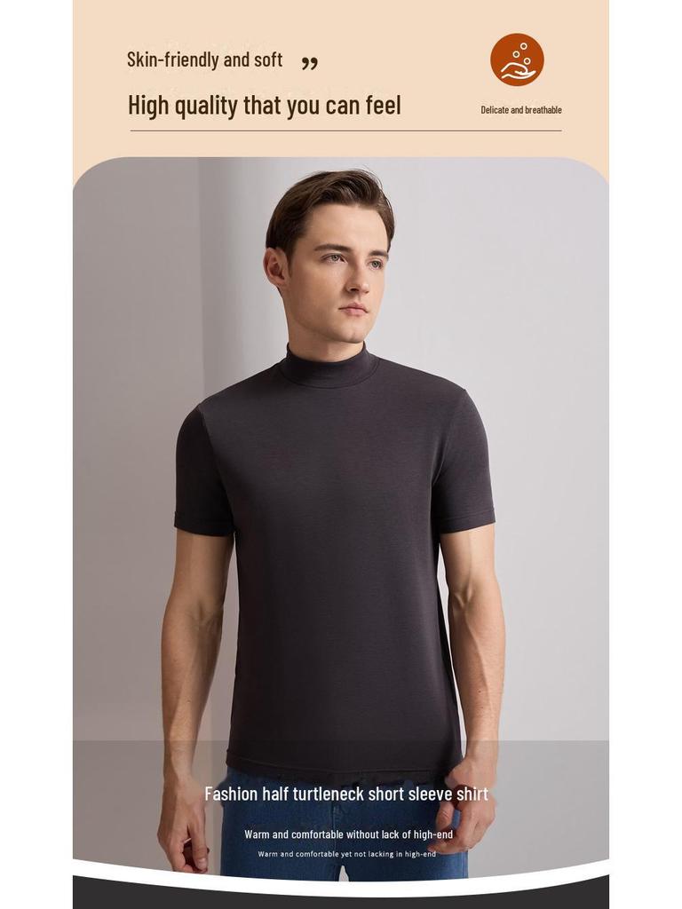 Men’s Modal Cashmere Silk Half-High Collar Short-Sleeve Top for Autumn/Winter