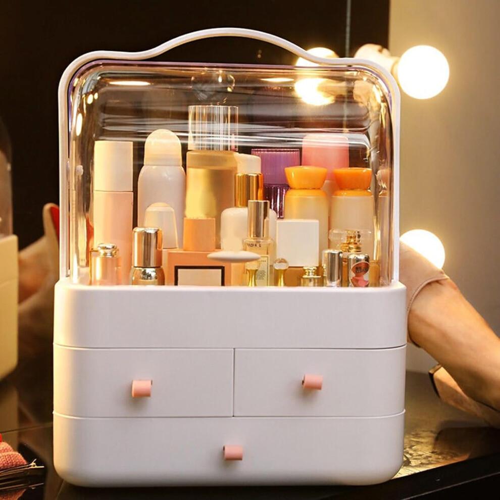 Robust PVC cosmetic storage box with clear drawers, portable openings for quick access and durability, home organisation.