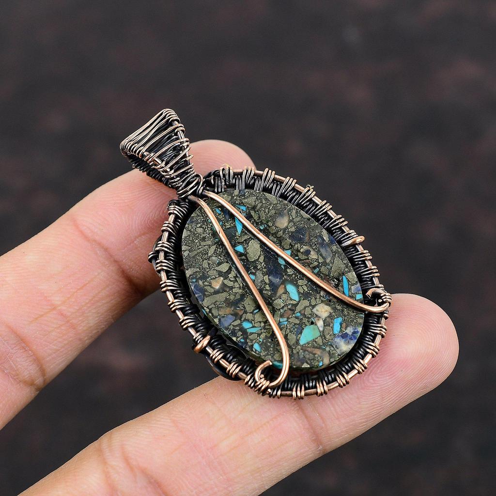 Медный многоцветный бирюзовый кулон, обернутый медной проволокой, ювелирное изделие с драгоценными камнями, уникальный стиль, кулон, ручная работа, медное ювелирное изделие, подарок на помолвку