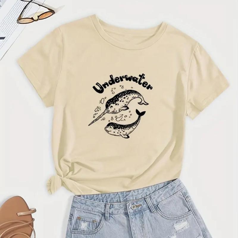 Fashion Women Cartoon Whale Print T Shirt Funny Casual O-neck Short Sleeves T-shirt Summer Female Tee Shirt