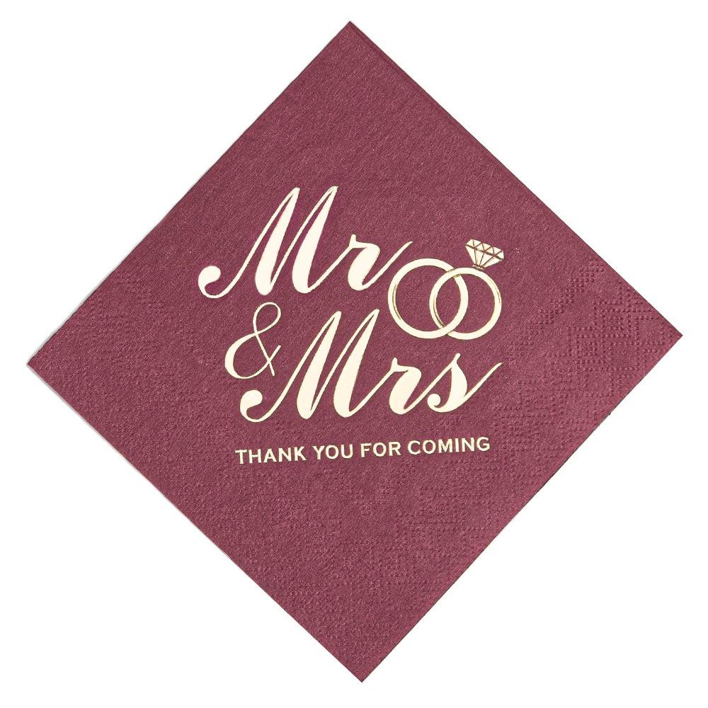 100pcs 3-Ply Mr Mrs Wedding Napkins Bronzing Printed Disposable Napkins for Wedding Anniversary