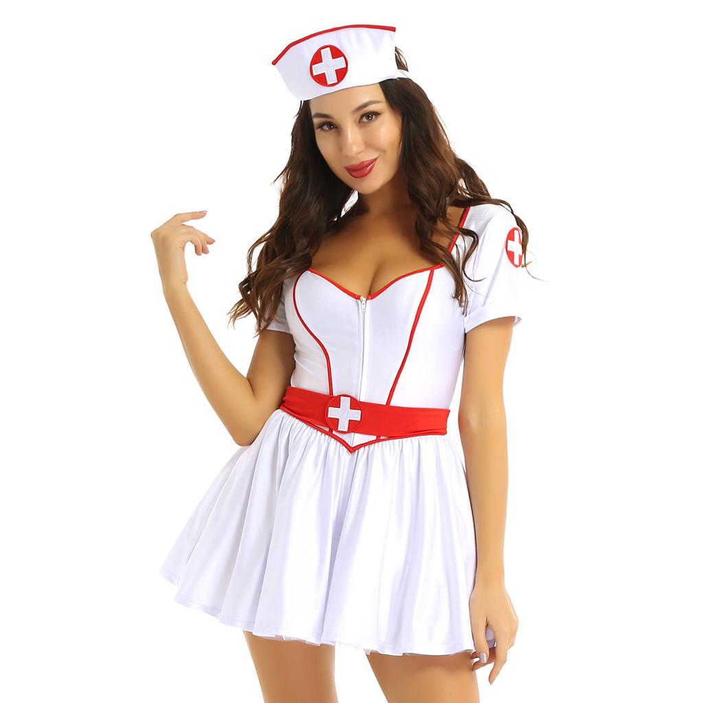 Women's Nurse Cosplay Costume Uniform Short Sleeve Dress with Headband and Belt Halloween Outfit