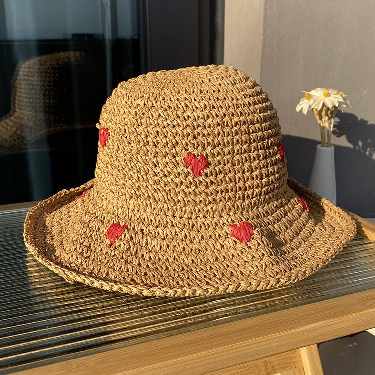 Holiday wind cute cherry straw bucket hat women's sunscreen hat summer seaside beach sunshade straw hat big eaves