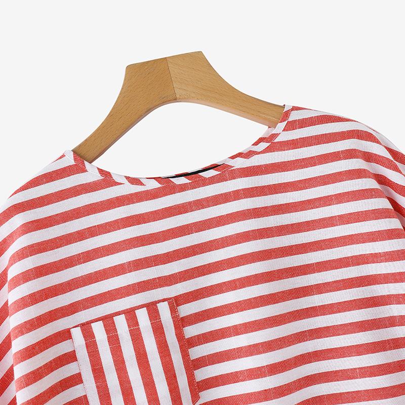ZANZEA Женский летний топ с круглым вырезом, короткими рукавами и контрастными полосками и передним карманом