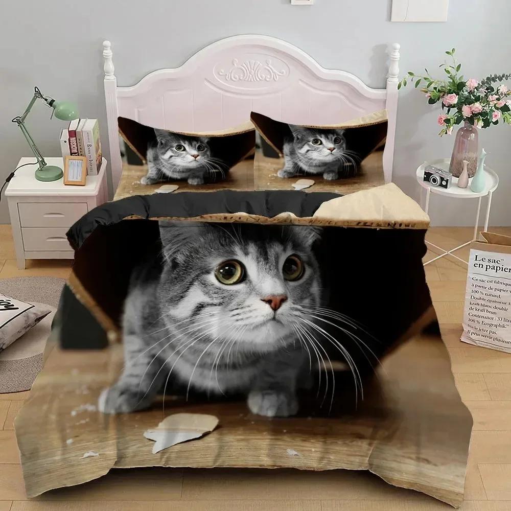 3D Комплекты Постельного Белья Красный Пододеяльник Набор Покрывал Одеяло Постельное Белье Наволочка Размер King Queen 210210см Дизайн с Домашним Котом для Детей Девочек