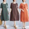 Real Summer New Literary and Loose Solid Color Cotton and Linen Round Neck Short-sleeved Dress Women's Medium and Long Models