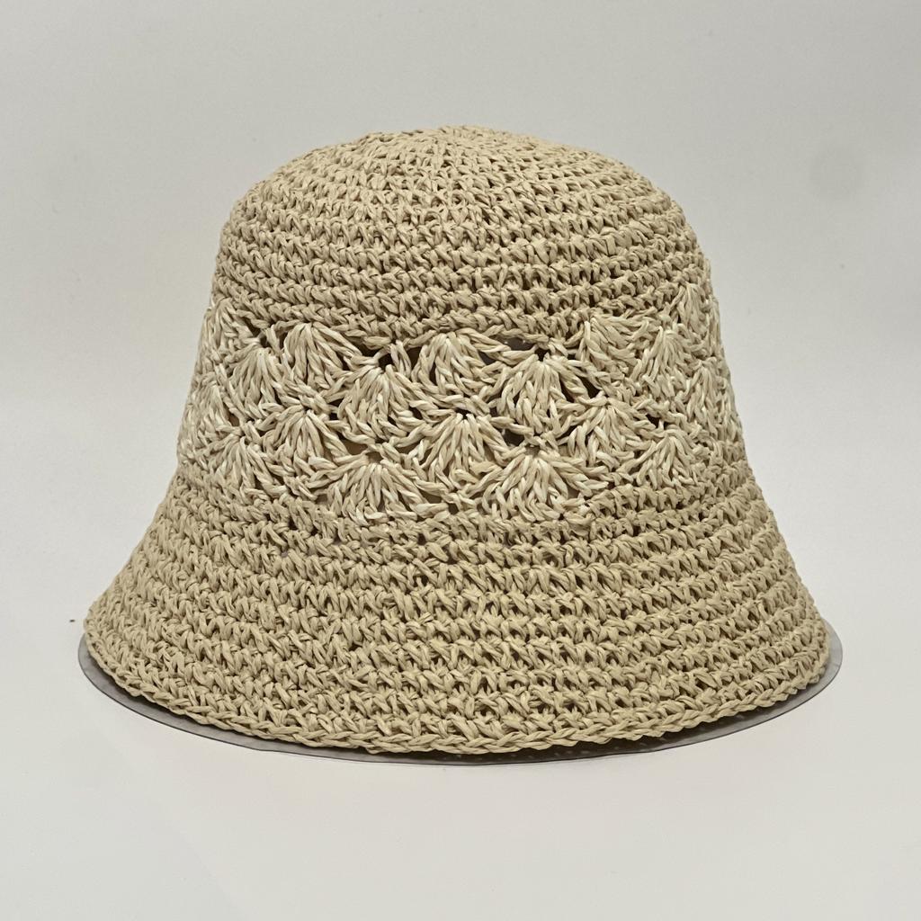 Summer handmade crochet hollow straw bucket hat female breathable splicing contrasting straw hat Internet celebrity ins pot hat couple