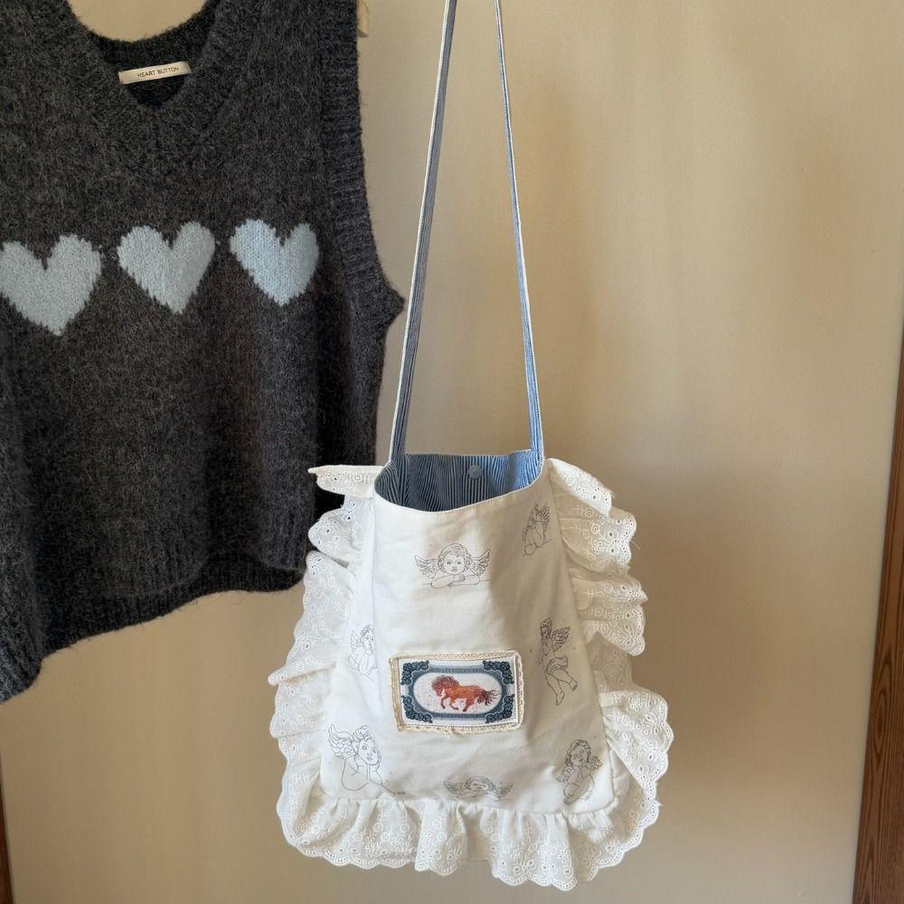 Канвас в горошек с рюшами и кружевом, большая вместительная сумка на плечо в клетку, сумка на плечо с бантом, для покупок