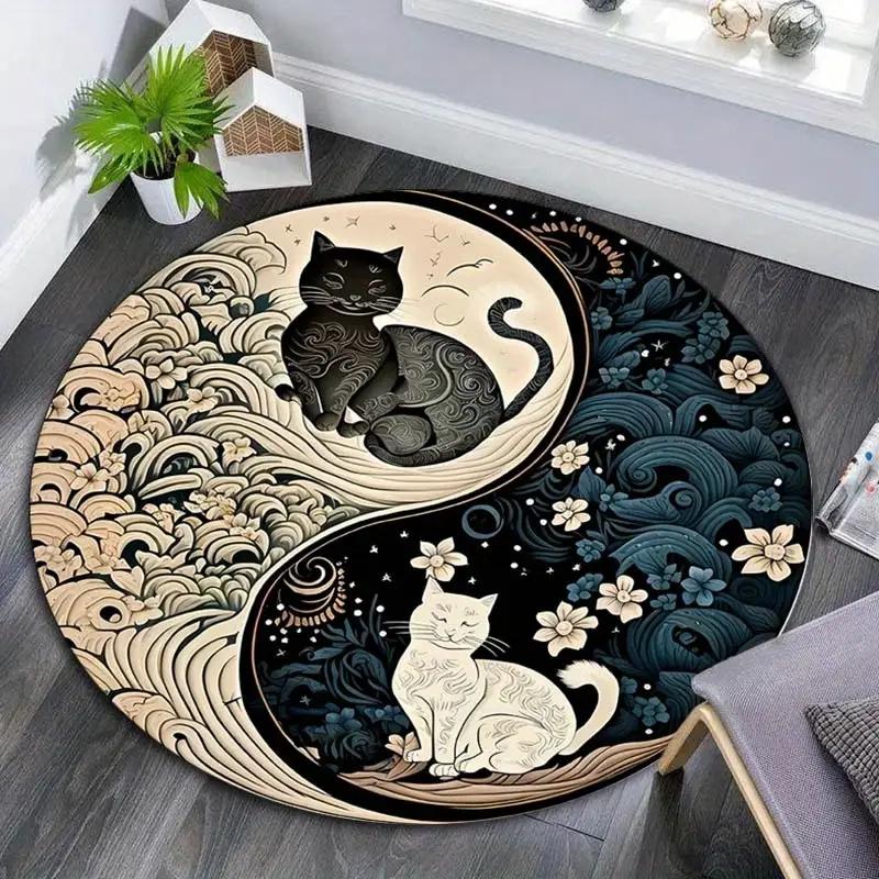 Yin and Yang Cat Round Carpet for Living Room Bedroom Decoration Non Slip Children's Room Crawling Floor Mat Popular Circle Rug