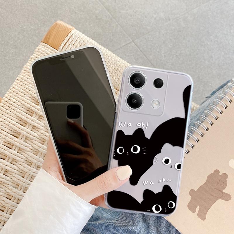 Мягкий силиконовый прозрачный чехол с рисунком черного кота для Xiaomi Redmi Note 13 Pro Poco Samsung A55 A54 A34 A15 S24 M35 iPhone 11 12 13 14 15 противоударный чехол