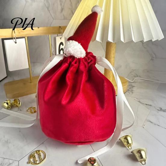 Holiday Goodie Bags for Kids Christmas Drawstring Gift with Santa Hat, Reusable Velvet Xmas Sacks, Festive Claus Pouches Candy Apple Treat Pouch