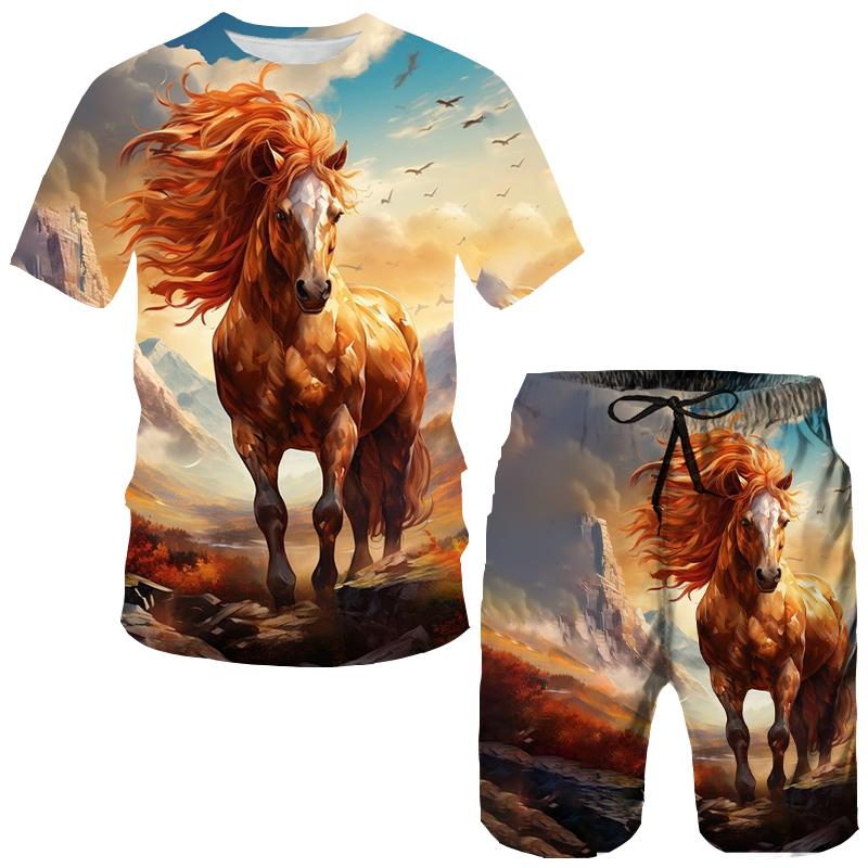 Летние животные лошади 3D принт футболки шорты комплекты мужские спортивные костюмы свободные футболки с коротким рукавом брюки комплект мужские костюмы одежда