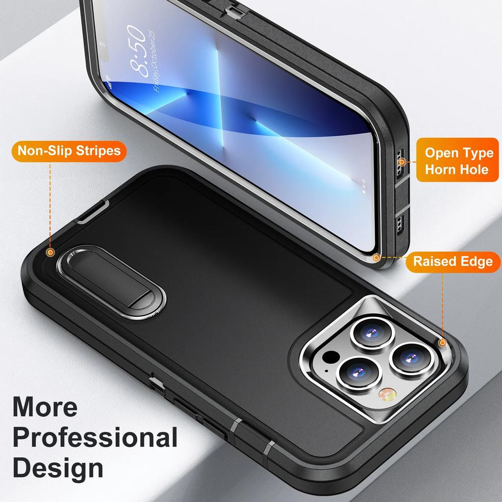 3 In 1 Defend Heavy Armor Holder Shockproof Case for IPhone 16 Pro Max 15 13 14 11 12 Bracket Stand Military Rugged Protective Kickstand Cover