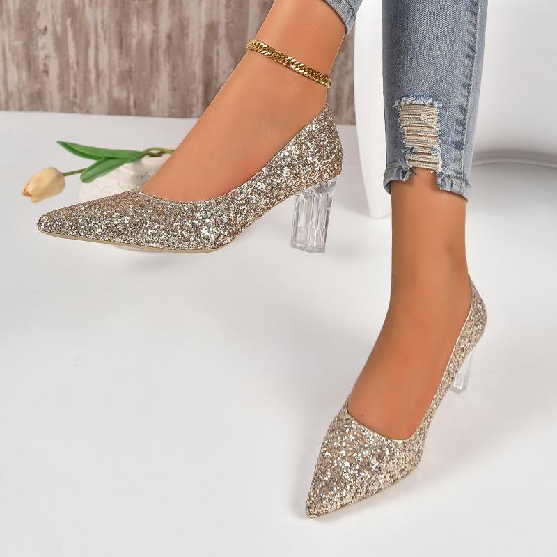 2024 Летняя новая верхняя одежда Большие размеры Туфли с коротким носком для женщин Остроконечные блестящие универсальные туфли с кристаллами на высоком каблуке для женщин